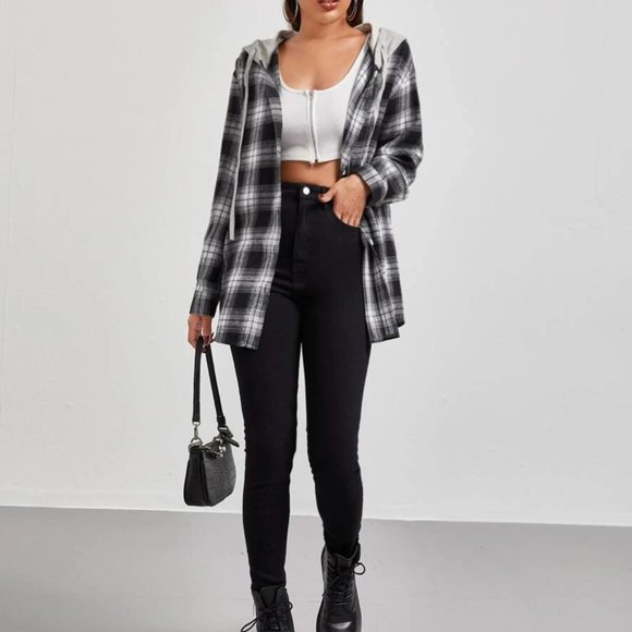 Grey & Black Hooded Plaid Button Up - Picture 3 of 6